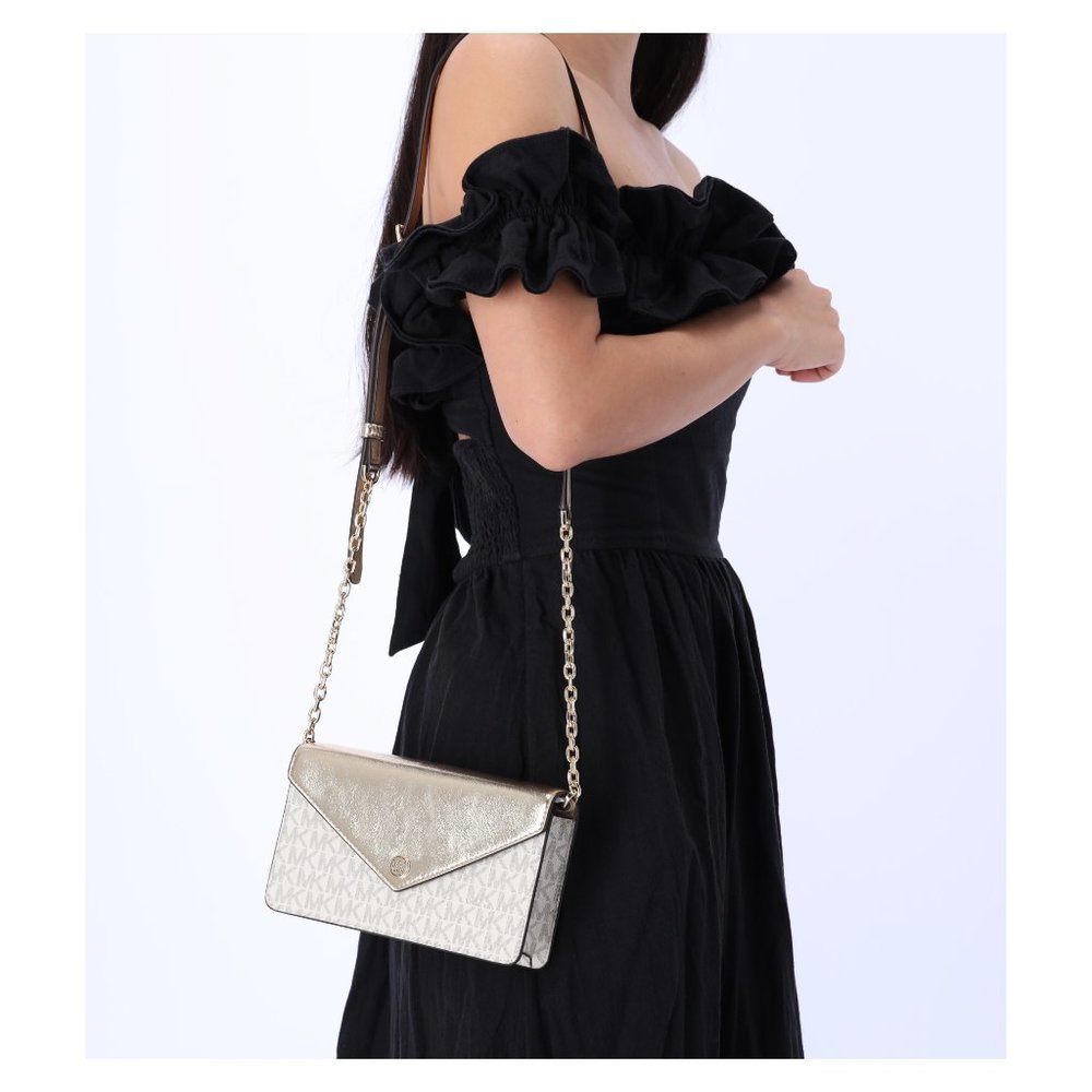 Michael Kors White & Gold Signature Crossbody Envelope Bag